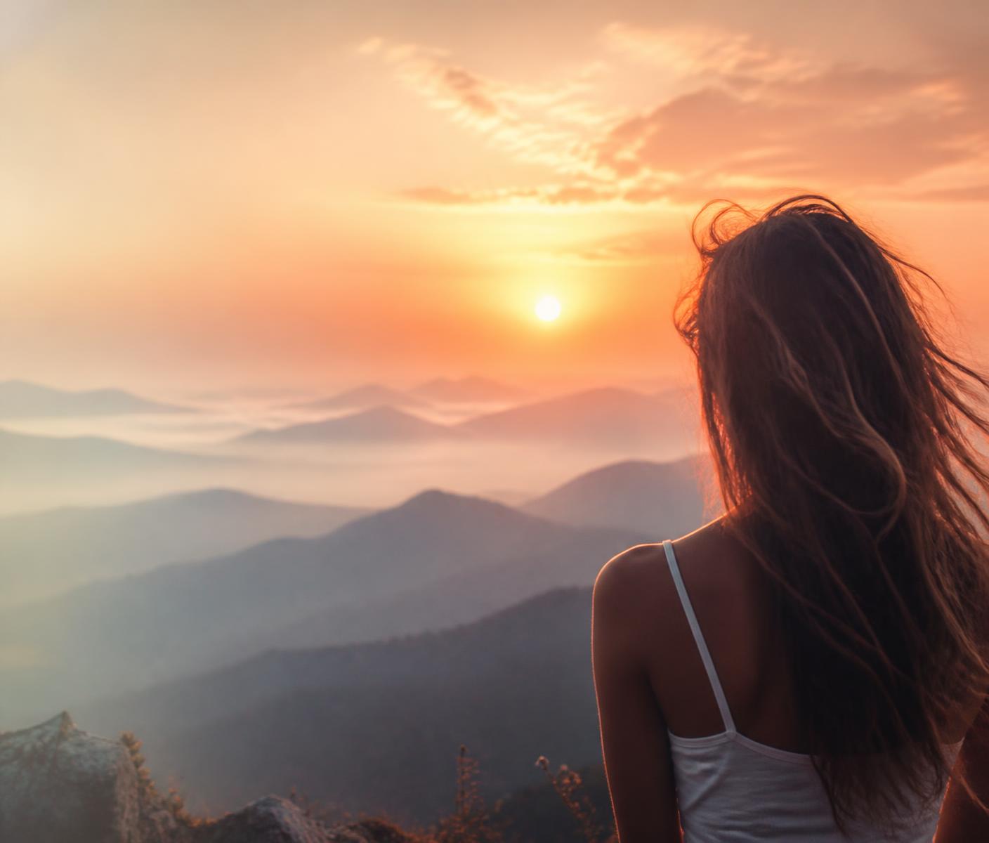 Woman at sunrise on a mountain overlook